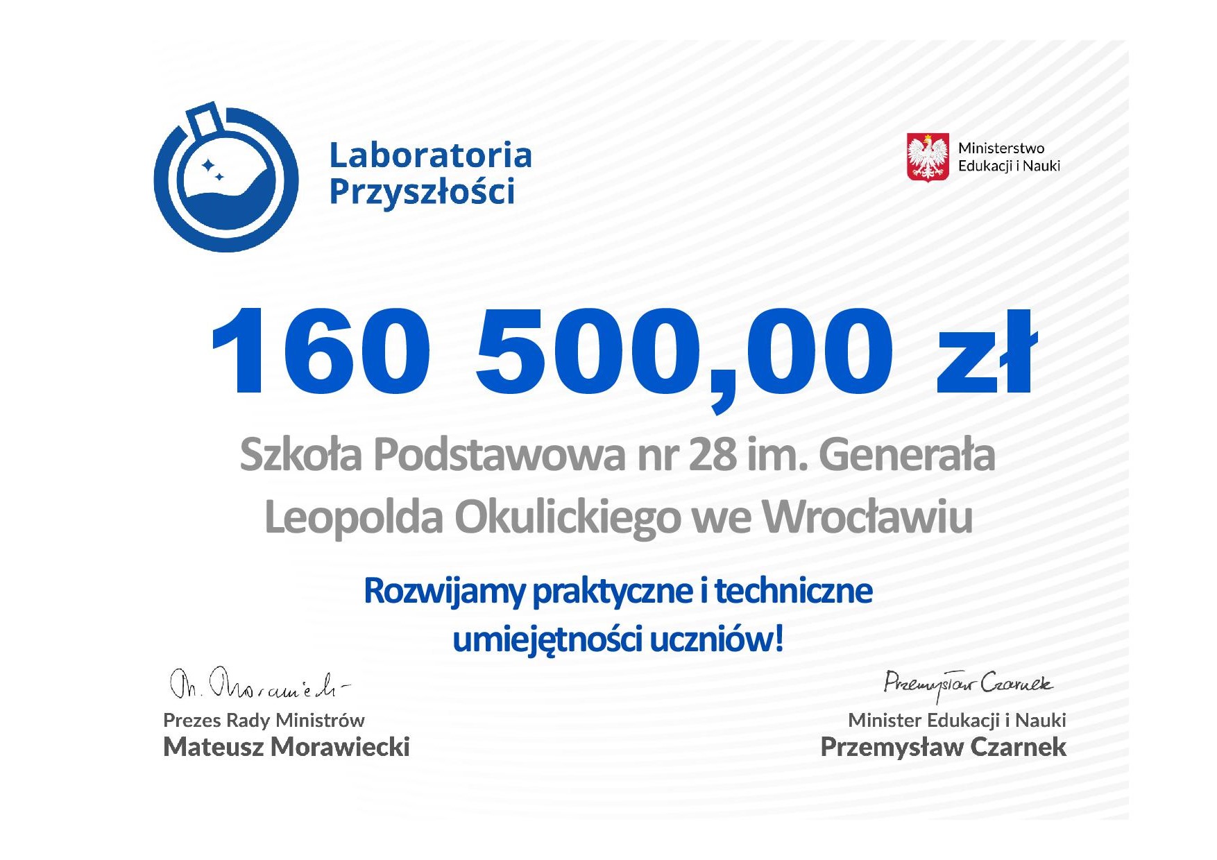 Laboratoria Przyszłości - dofinansowanie na kwotę 160500 zł